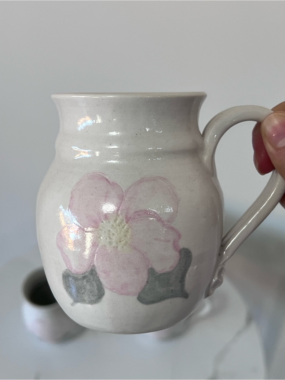 Handcrafted White Ceramic Mug with Pink Floral Design - Set of 4